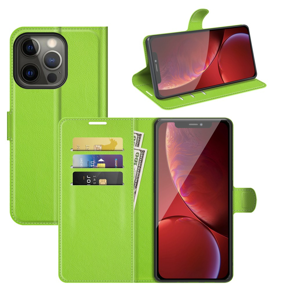 iPhone 13 Pro Leder Tasche Flip Cover Litchi Look - Grün
