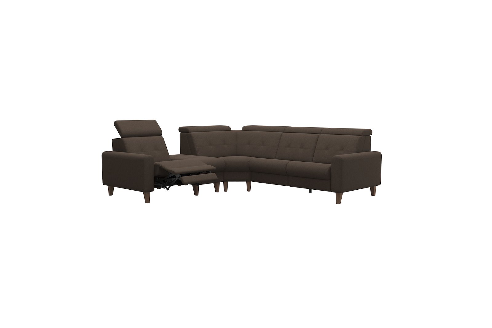 Anna C12 hjørnesofa (PCenterCMM) Tekstil Calido Brown med A1 arm og valnøttbeisede skrå ben, 14 cm. (Power-Center-CornerManual-Manual)