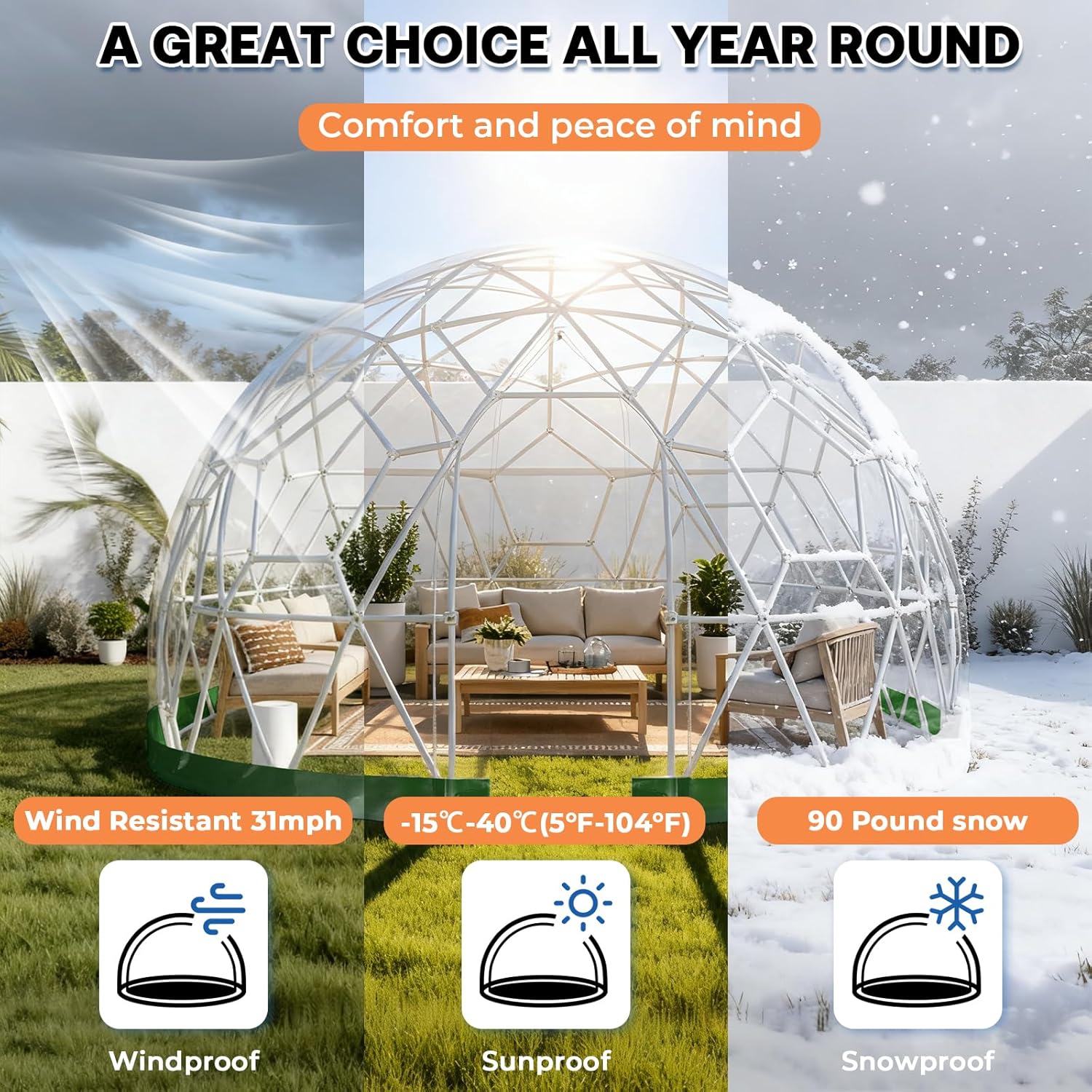 2.9 x 1.8m Gewächshaus Gartenkuppel Igloo,Gartenkuppel TPU Blasenzelt für 2-4 per,Gartenblasenzelt mit 2 Lichterketten, Durchsichtiges Kuppelzelt für Hinterhof,Party,Weihnachten,Hochzeiten