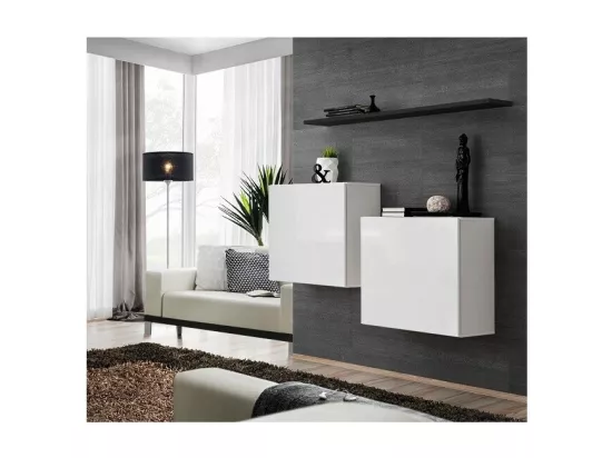Ensemble meubles de salon SWITCH SBI design, coloris blanc brillant et étagère noir.