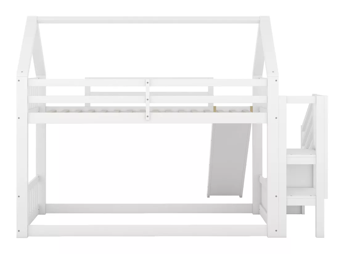 Lit superposé - 2 x 90 x 200 cm - 2 tiroirs et toboggan - pin et MDF - blanc
