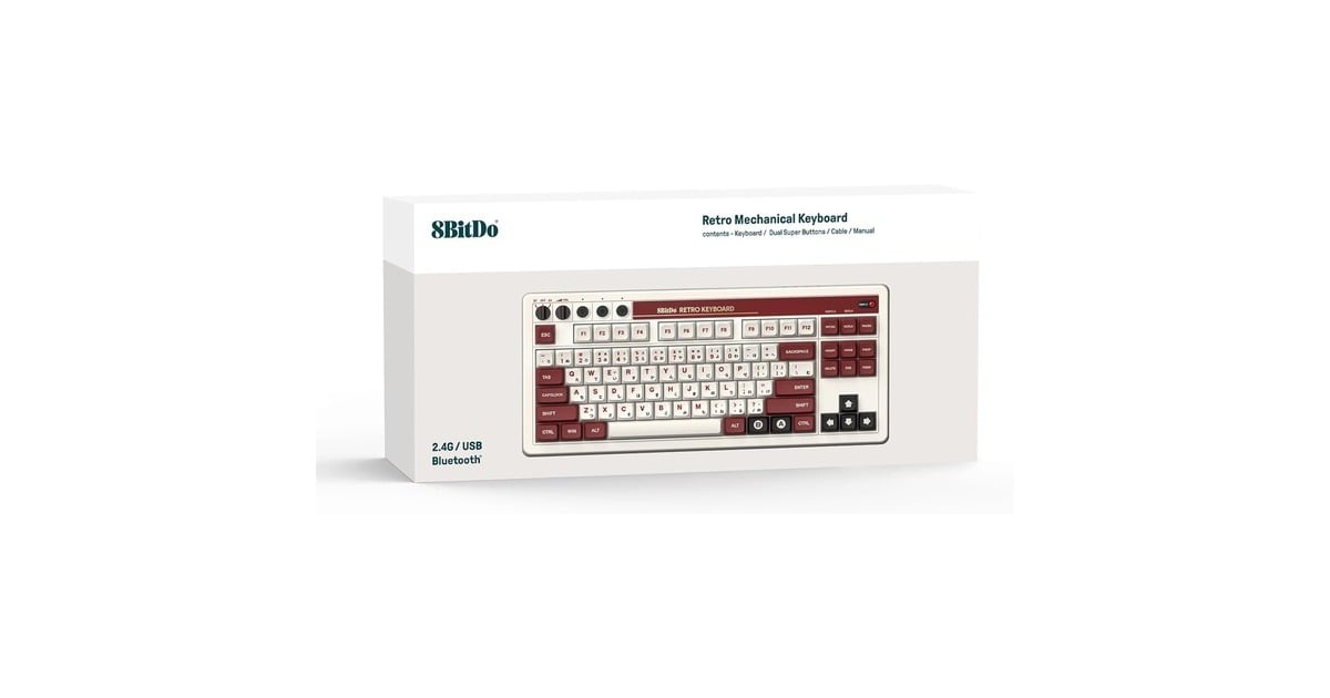 8BitDoRetro Mechanical Keyboard Fami Edition, gaming toetsenbord  (Beige/rood, US lay-out, Kailh Box White, TKL, Bluetooth Low Energy, Wireless 2.4G, USB)