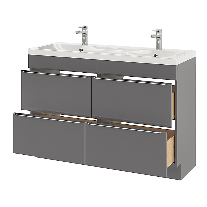 Ensemble salle de bains l.120 cm meuble à poser Imandra gris brillant + plan double vasque résine blanc