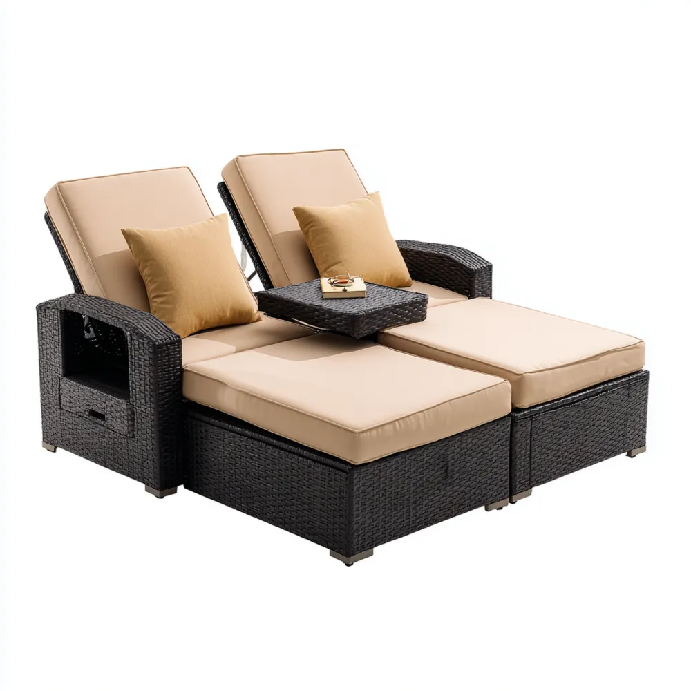 Gartenliege Rattan 200x145x78 cm – Creme – Verstellbare Rückenlehnen