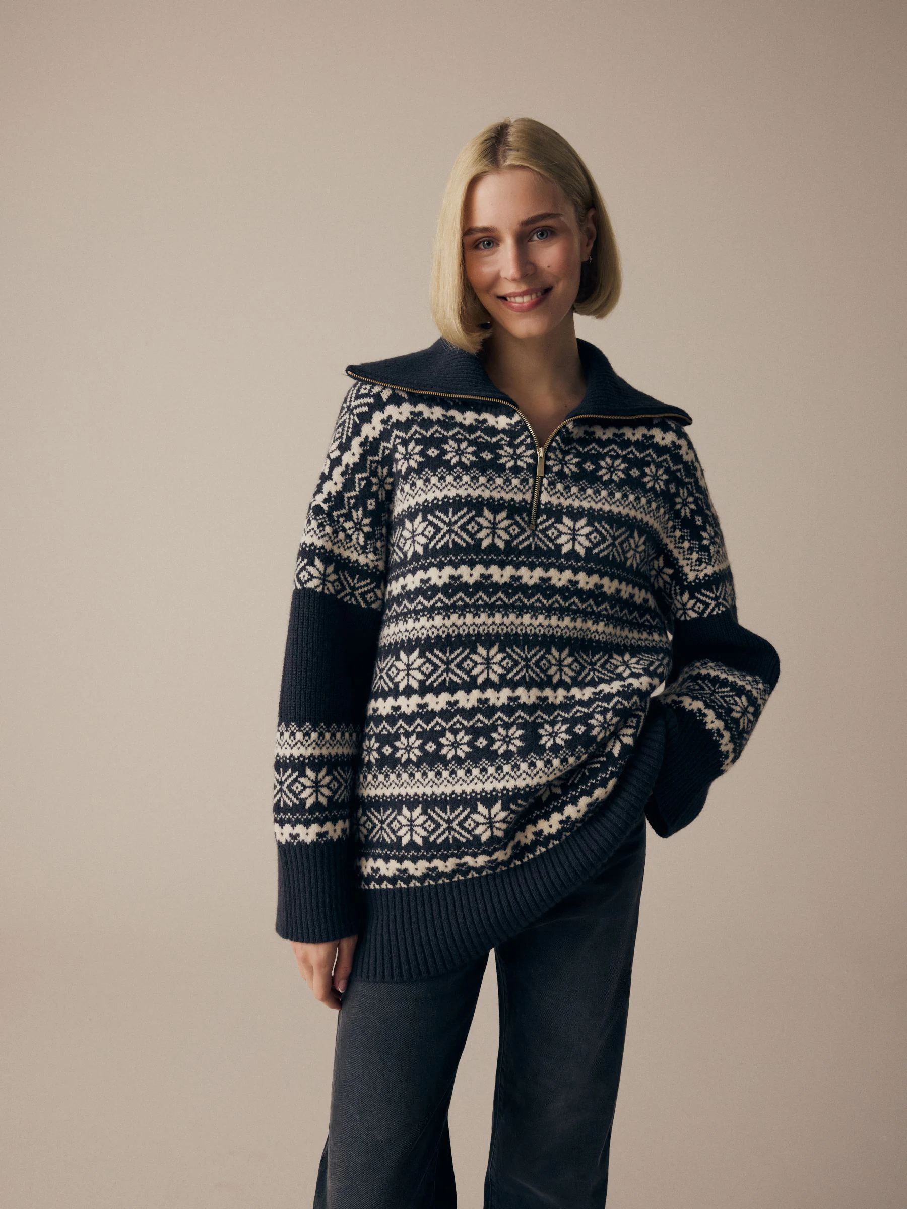 Zwart/wit - Matching Family kersttrui voor dames met Fairisle-patroon