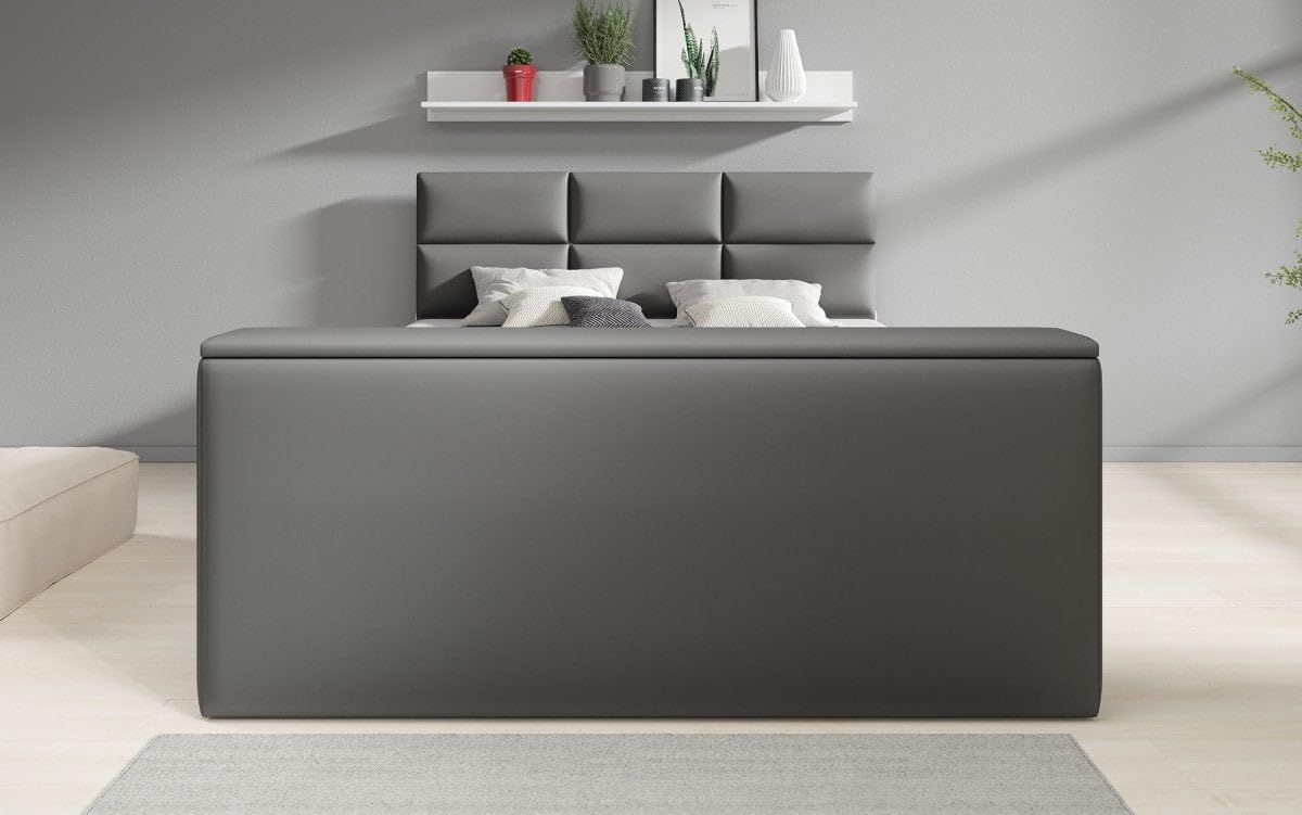 Boxspringbett Carre 180x200 Doppelbett Polsterbett Bett mit TV Lift, USB-Anschluss | Bezug: Kunstleder | Farbe: Grau | Härtegrad: H3 (70-100kg)