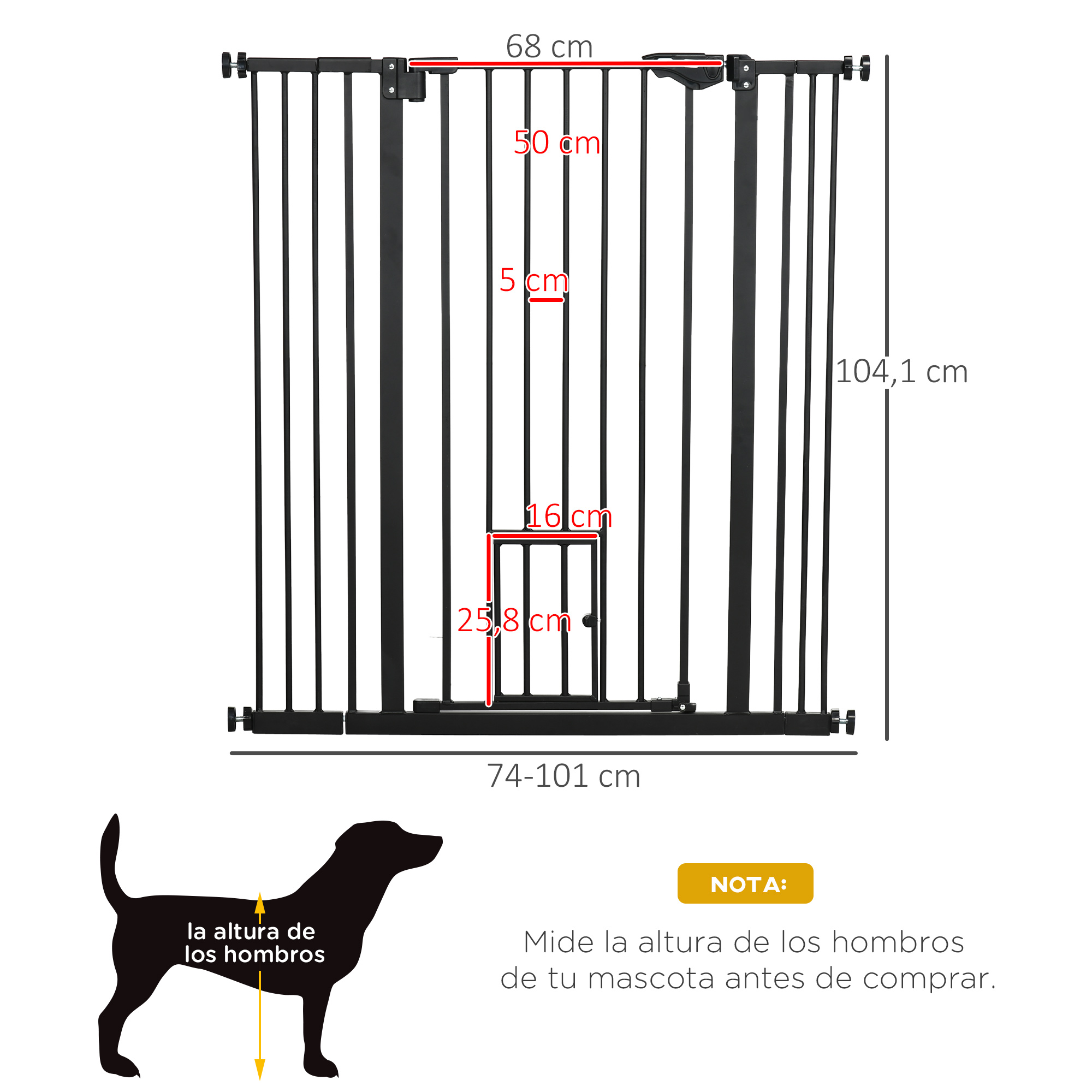 Portão de segurança para cães PawHut com 1 porta pequena, barreira extensível para animais de estimação com fechamento automático e sistema de travamento duplo para portas, corredores e escadas, 74-101 x 104,1 cm, preto