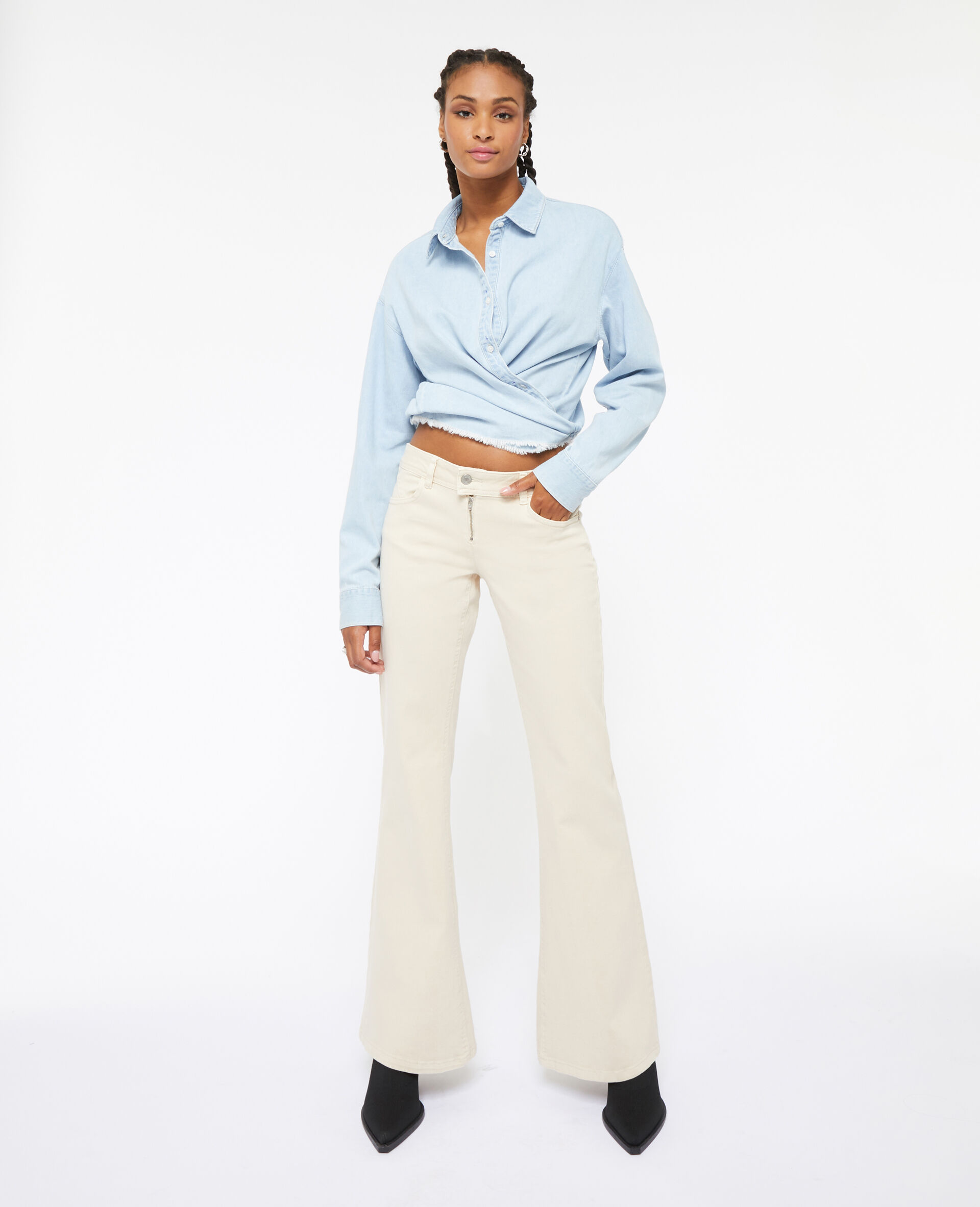 Jean flare bootcut taille basse zip apparent - Beige