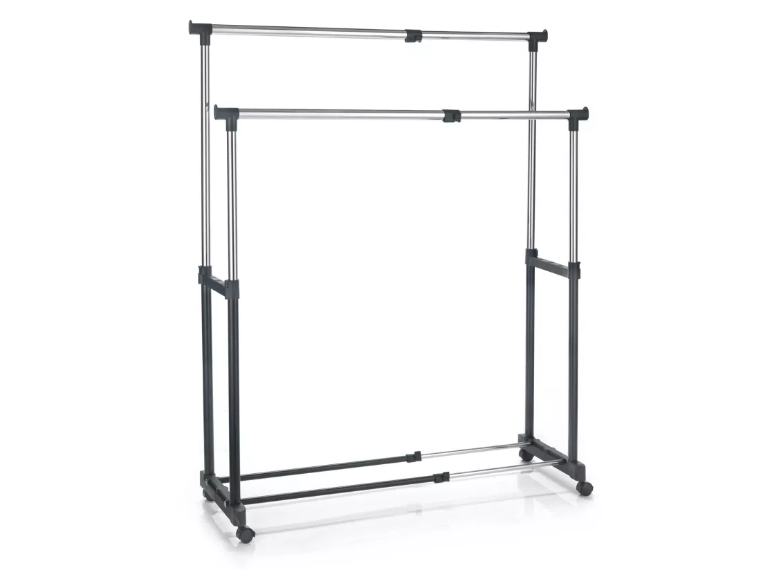 Portant à vêtements CASA en métal chromé et noir, penderie double sur roulettes avec 2 barres hauteur et longueur réglables