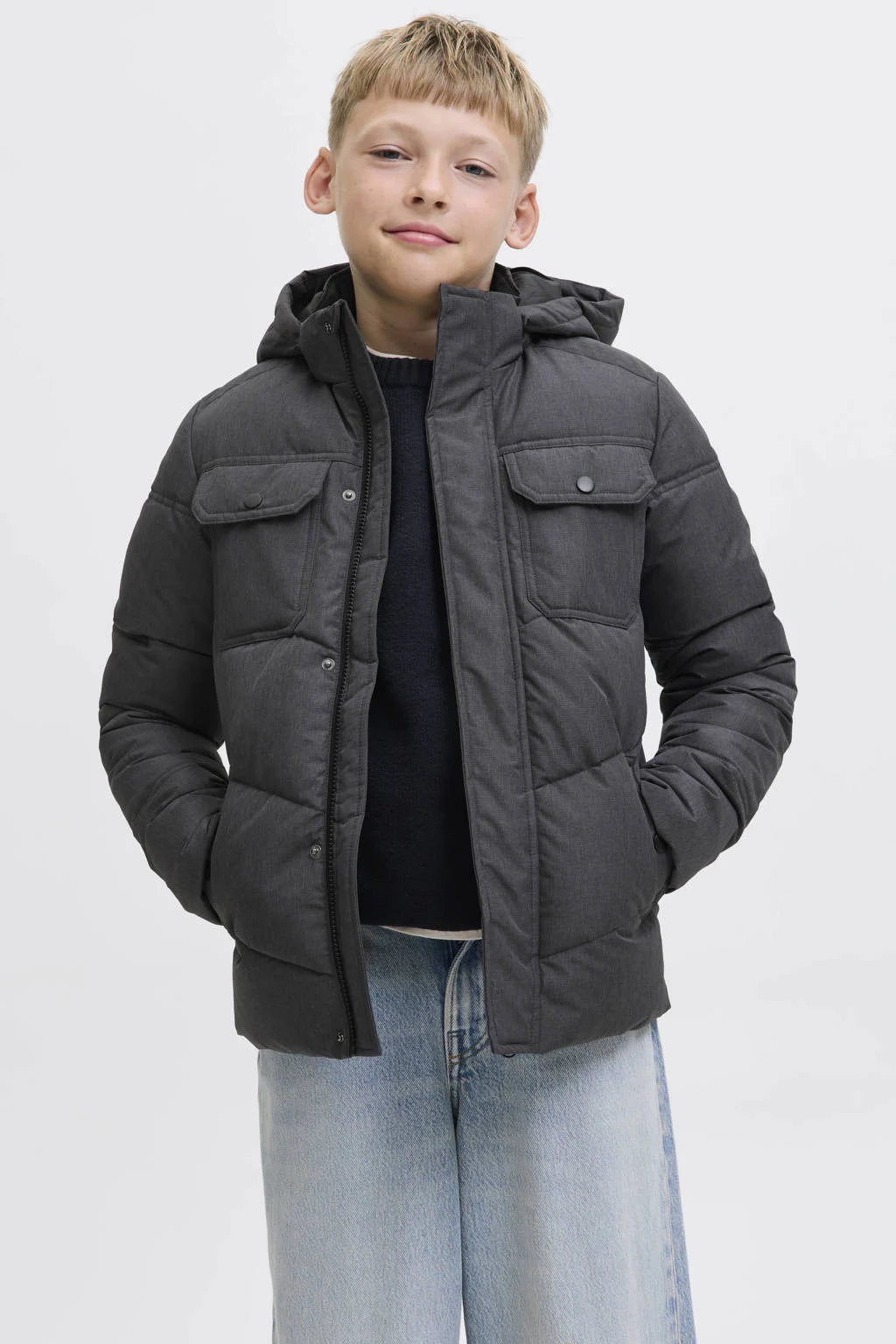 JACK & JONES JUNIOR gewatteerde jas grijs melange