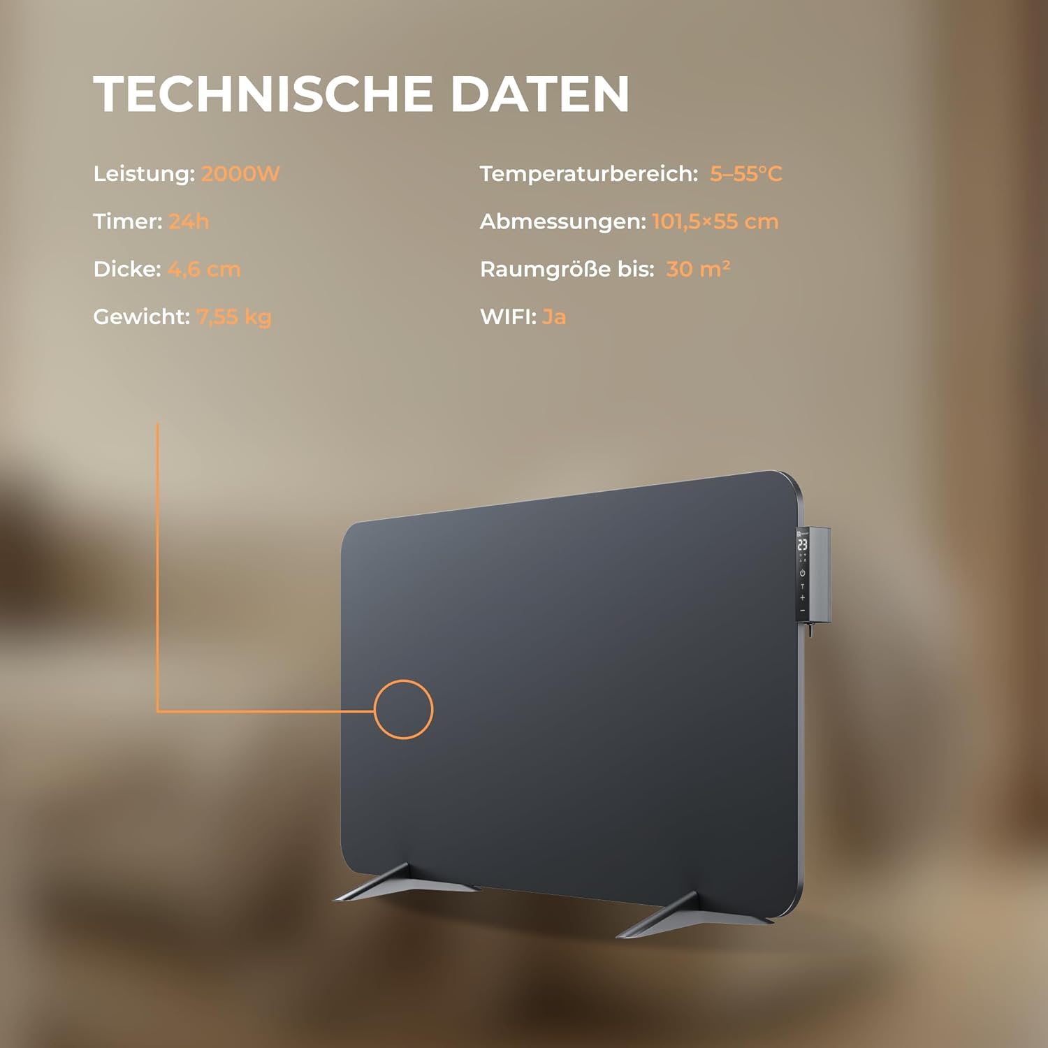 BR Bringer Hybrid Infrarotheizung 2000 Watt mit Konvektion - Smart Thermostat, WIFI & App - für Wandmontage oder als Standgerät für Räume bis 30m² - Energiesparend - Deutsche Qualitätsmarke (schwarz)