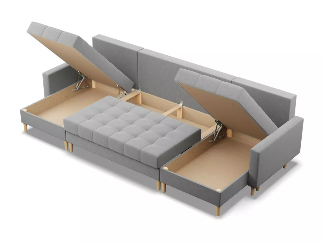 Canapé d'angle en U avec fonction sommeil, 2 méridiennes, Gris