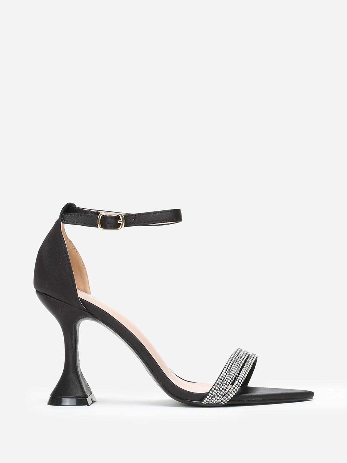 Sandales satinées à strass et talon bobine- Noir