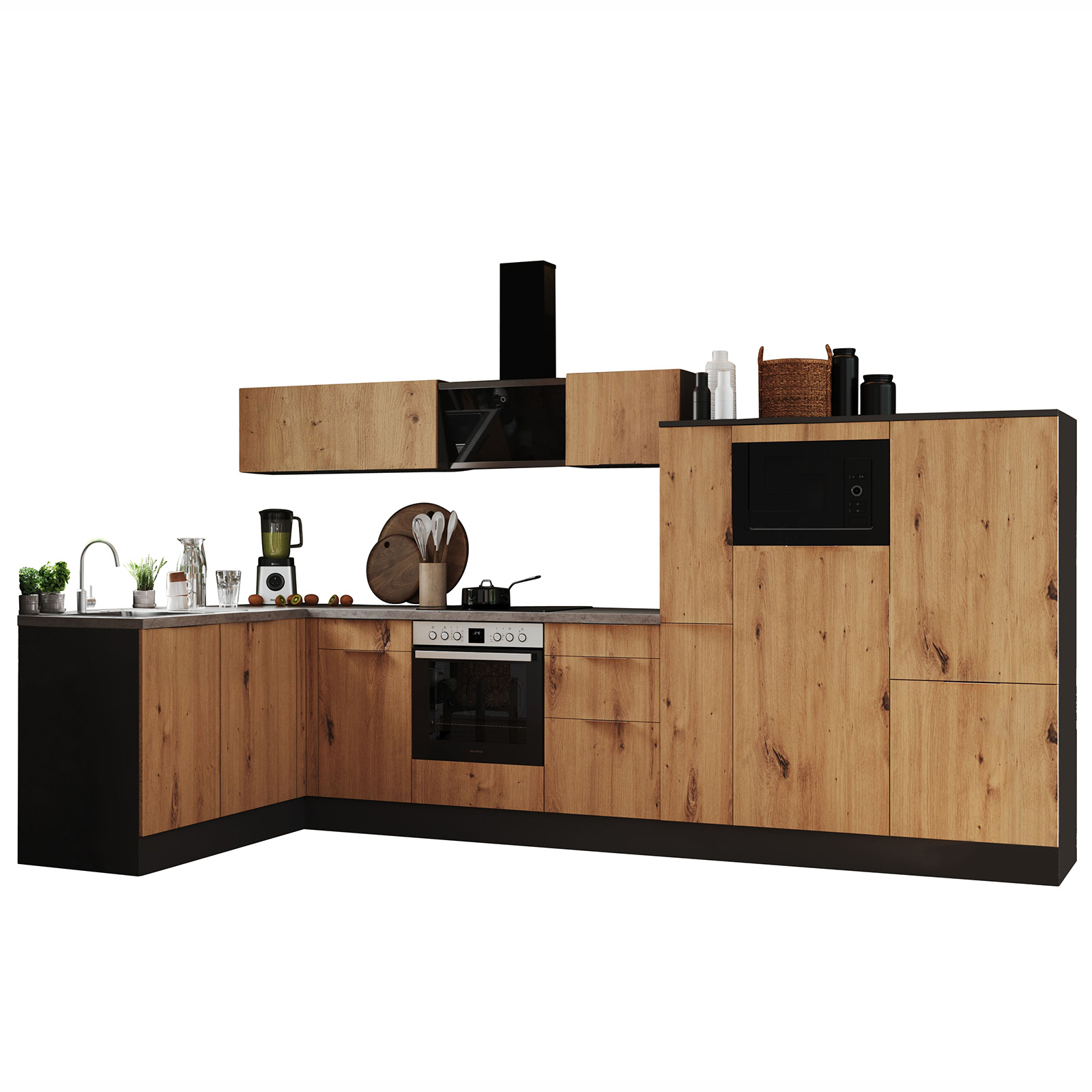 RESPEKTA Winkelküche - Artisan Eiche - grau matt - mit E-Geräten - 370x175 cm