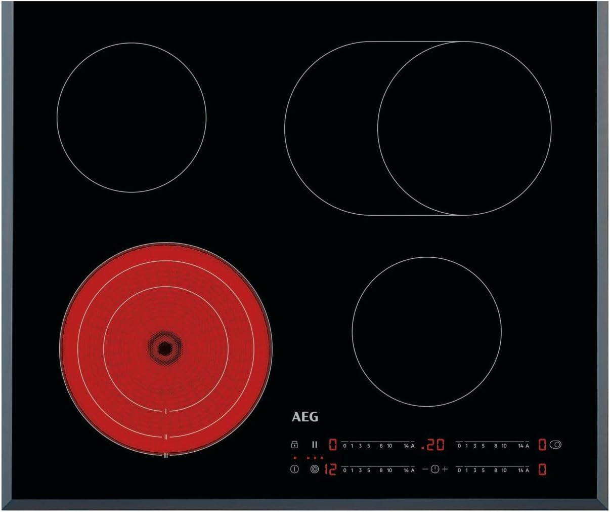 AEG Glaskeramikkochfeld autark 60cm / 4 Zonen mit Bräter- und Dreikreiskochzone für mehr Flexibilität / 14 Stufen / Facettenrahmen / Timer / DirectSlider-Bedienung / Kindersicherung / HRB64470FB