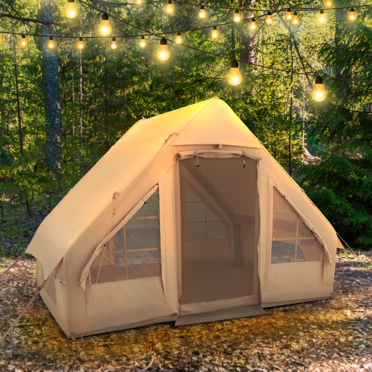 Tente de Camping Gonflable 6 m² pour 4-6 Personnes Tente en Coton Coupe-vent et Imperméable avec Pompe 7 Fenêtres à Moustiquaire Beige - Lidl-Manfred