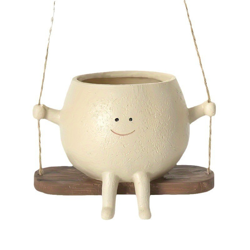 (14x9cm) Harz Blumentopf auf Schaukel Hängende Pflanzen Vase Smiley Home Deko - Beige