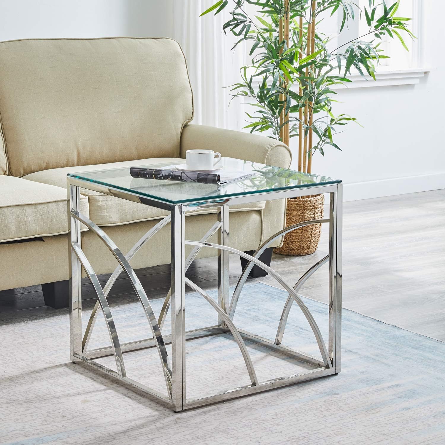 Beistelltische Couchtisch Sofatisch für Wohnzimmer, Schlafzimmer Küche Café und Bar, moderner Kaffeetisch mit Edelstahl Gestell und transparentem Hartglas (quadratisch silbern)