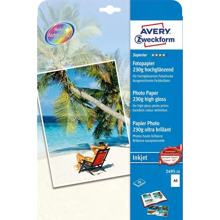 Avery Zweckform 2495-20 Superior Inkjet Fotopapier, DIN A4, einseitig beschichtet, 230 g/m², 20 Blatt