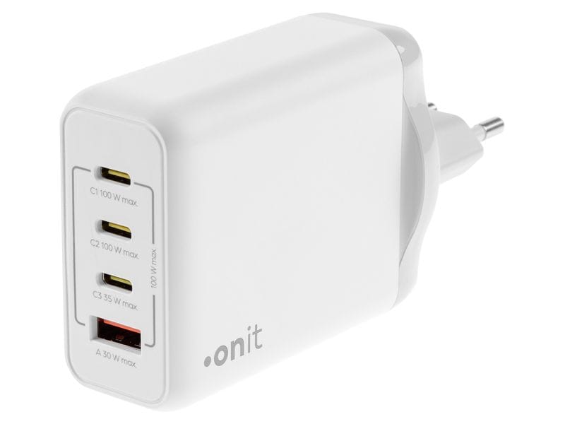 onit USB-Wandladegerät Quad 3C1A 100 W GaN Weiss Ladeadapter mit drei USB-C-Ports und einem USB-A-Port