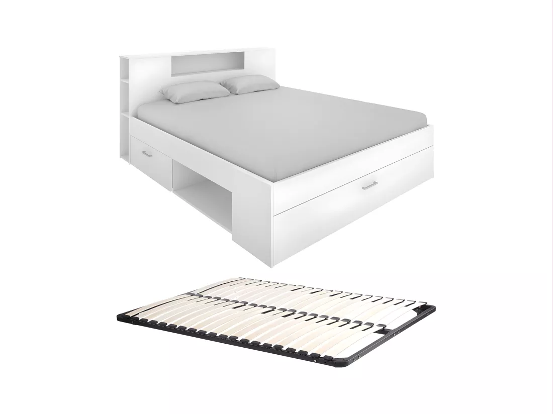 Lit avec tête de lit rangements et tiroirs - 160 x 200 cm - Coloris : Blanc + Sommier - LEANDRE