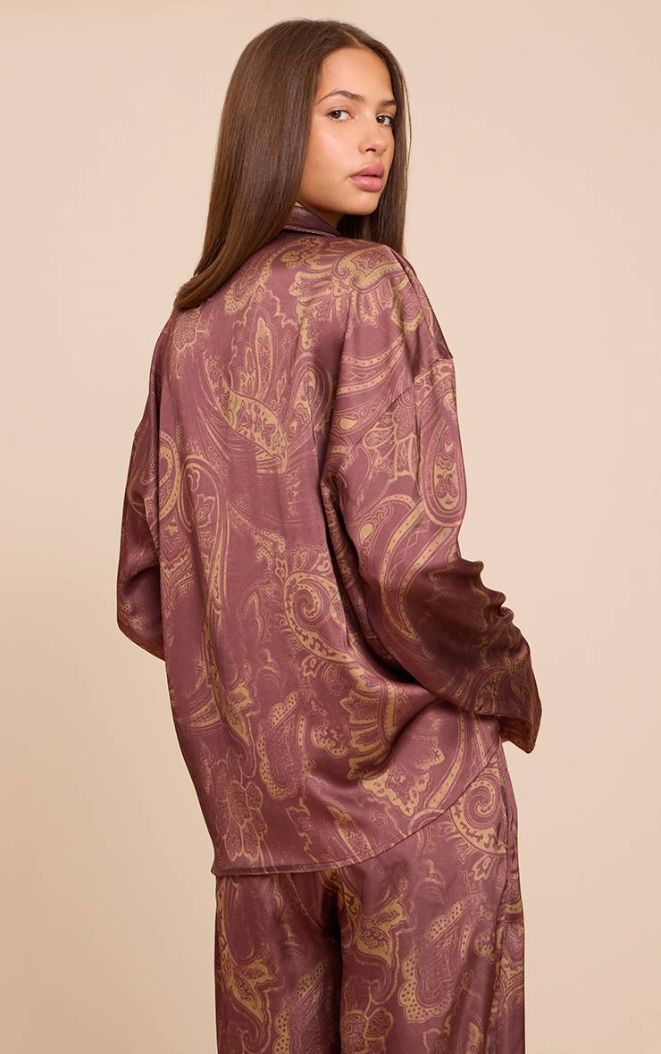 Marron Ensemble Coordonné Chemise En Satin Imprimé Cachemire