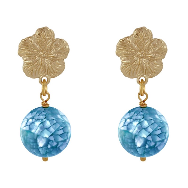 Boucles d'Oreilles Clous Métal Doré Fleur et Perle de Nacre Facettée