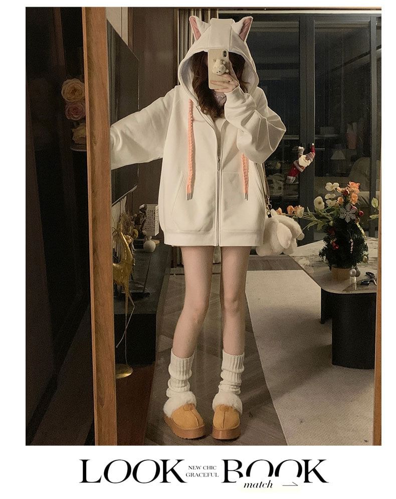 haruokiea - Hoodie met trekkoord en rits en kattenoren