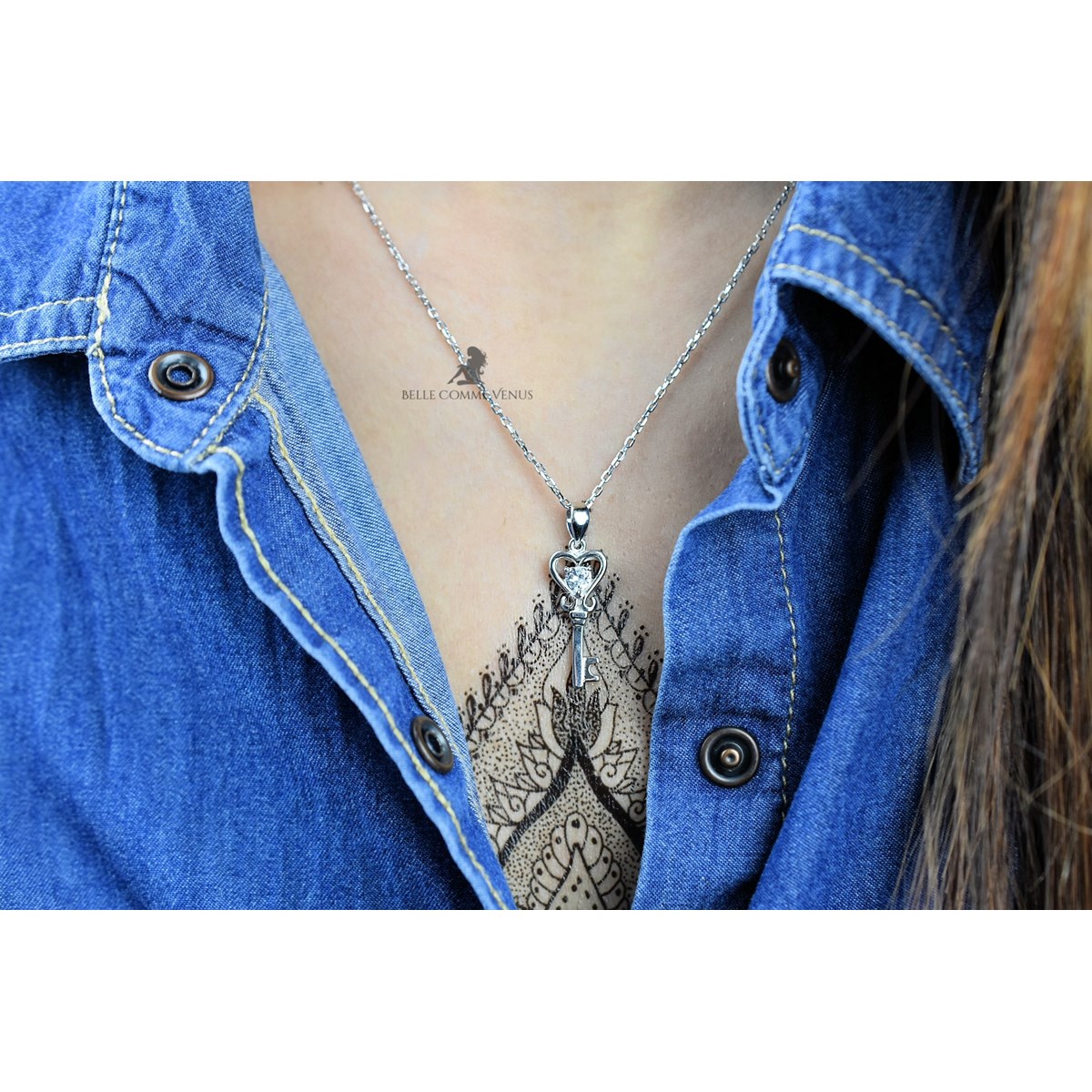 Collier clé coeur d'oxyde de zirconium Argent 925 Rhodié