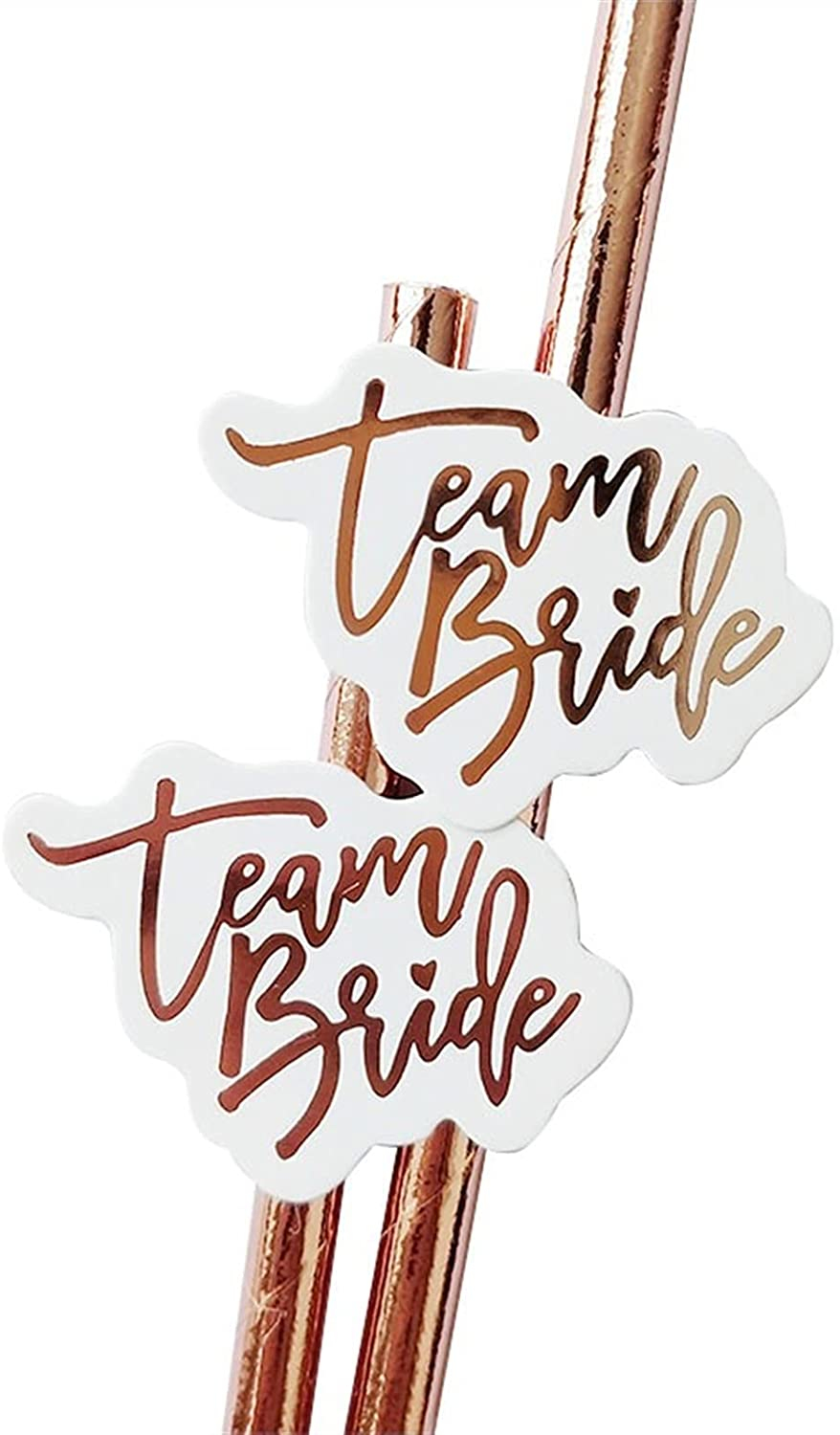 (20-tlg. Set) 20cm Junggesellinnenabschied Papier Strohhalm Team Bride Trinkhalm   Sticker - Roségold / Weiss