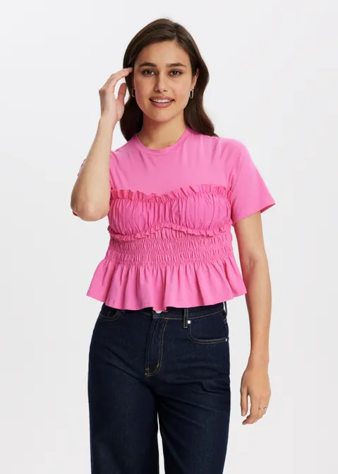 T-shirt met ruffles roze (ROS.HOT)
