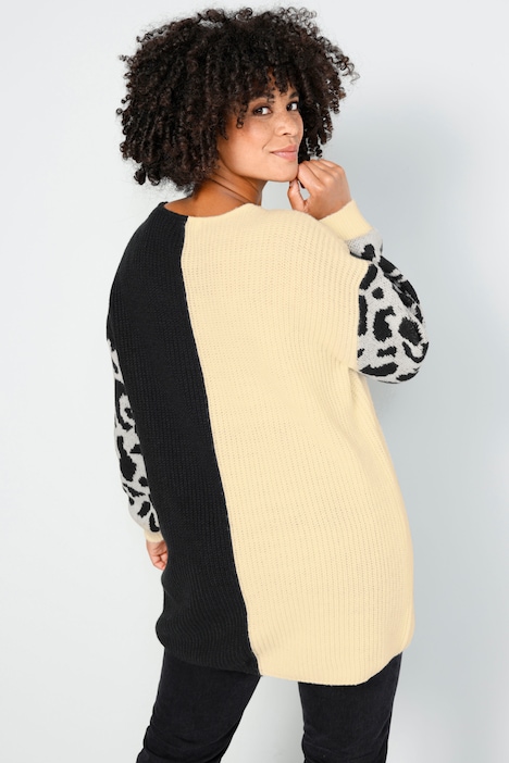 Long-Pullover, oversized, Rippstrick, Leo-Ärmel, V-Ausschnitt