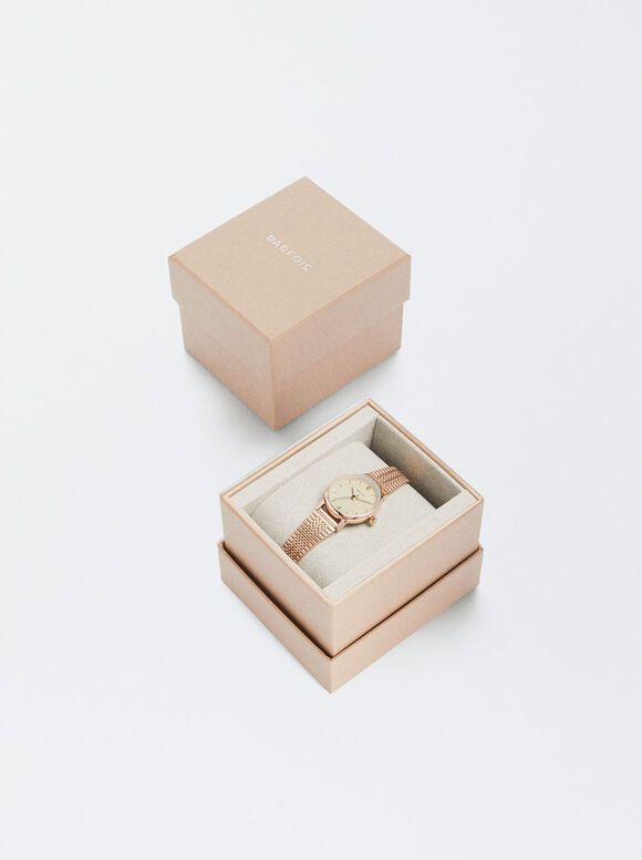 Relógio em aço com pulseira de malha metálica - Ouro rosa