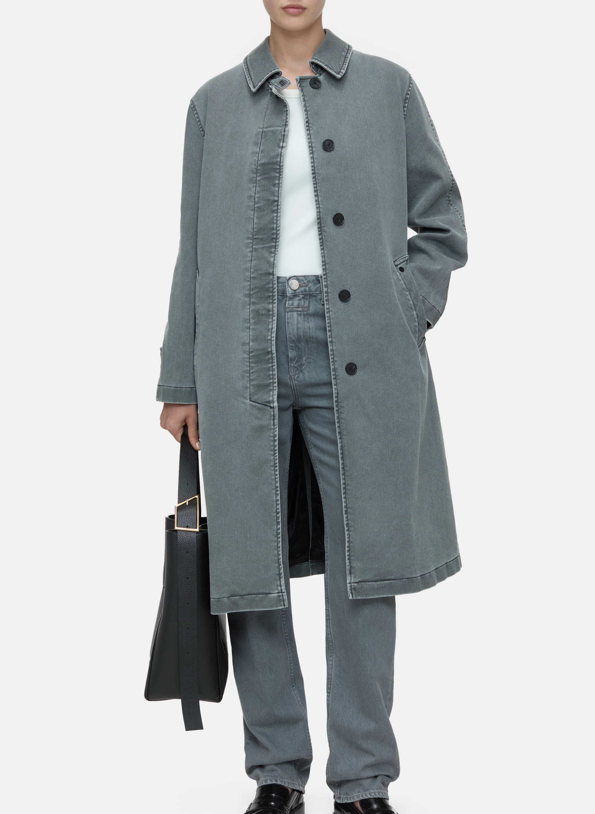 Manteau long droit col classique en coton mélangé | Gris