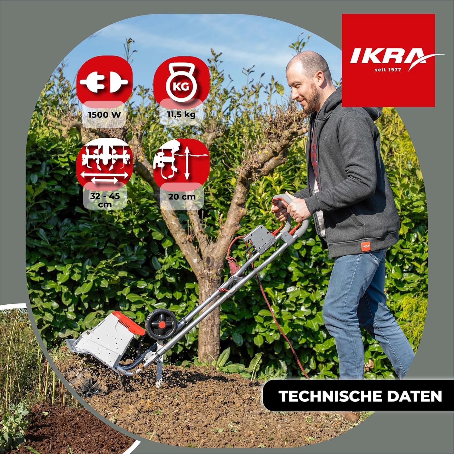 IKRA Elektro Bodenhacke IEM 1500, Flexible Arbeitsbreite 32 & 45cm, Arbeitstiefe bis 20cm, Starke 1500W Leistung, inkl. Häufelpflug