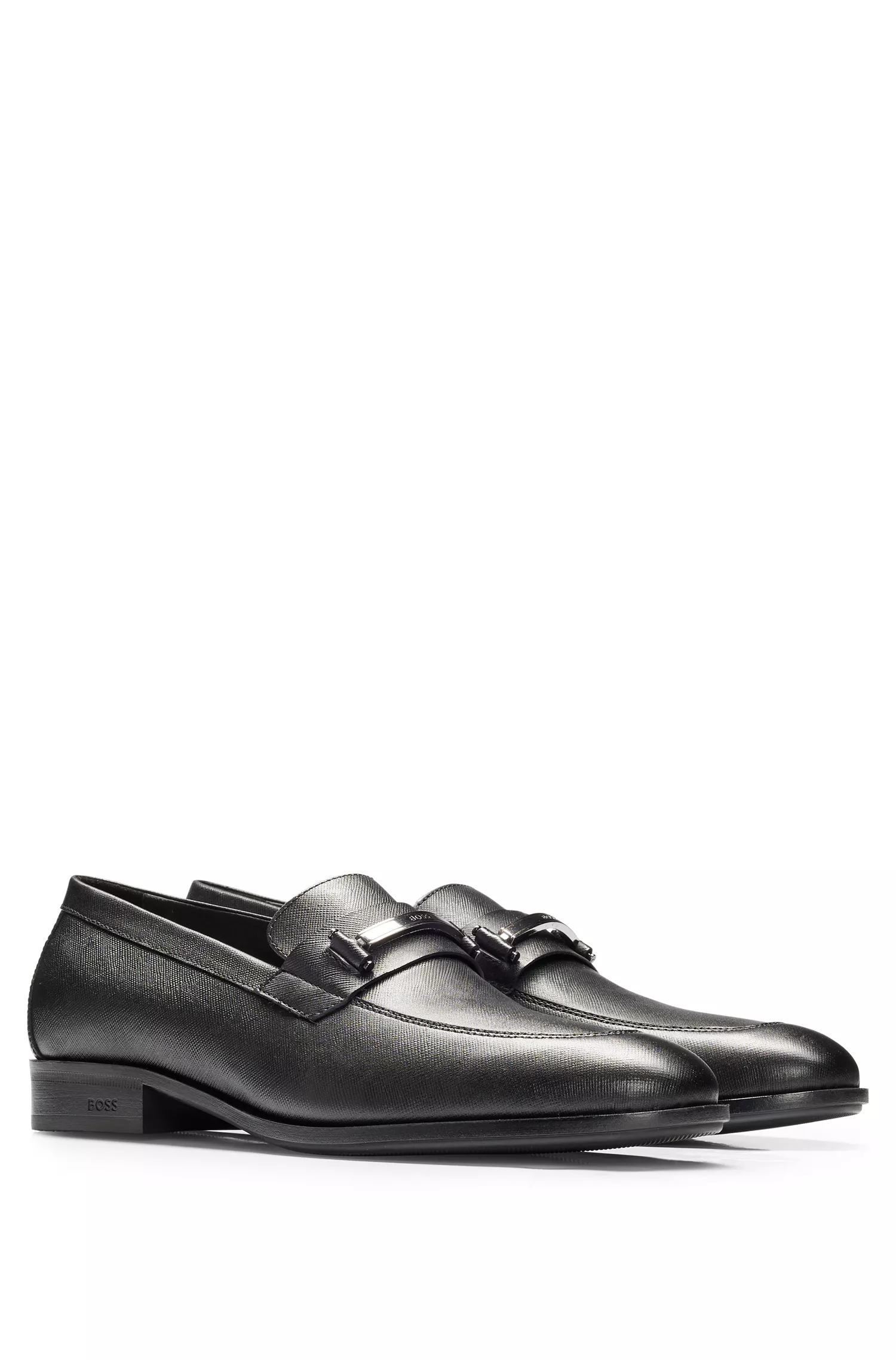 Mocassins BOSS Black-Penny em couro com estampa Saffiano e palmilha acolchoada.