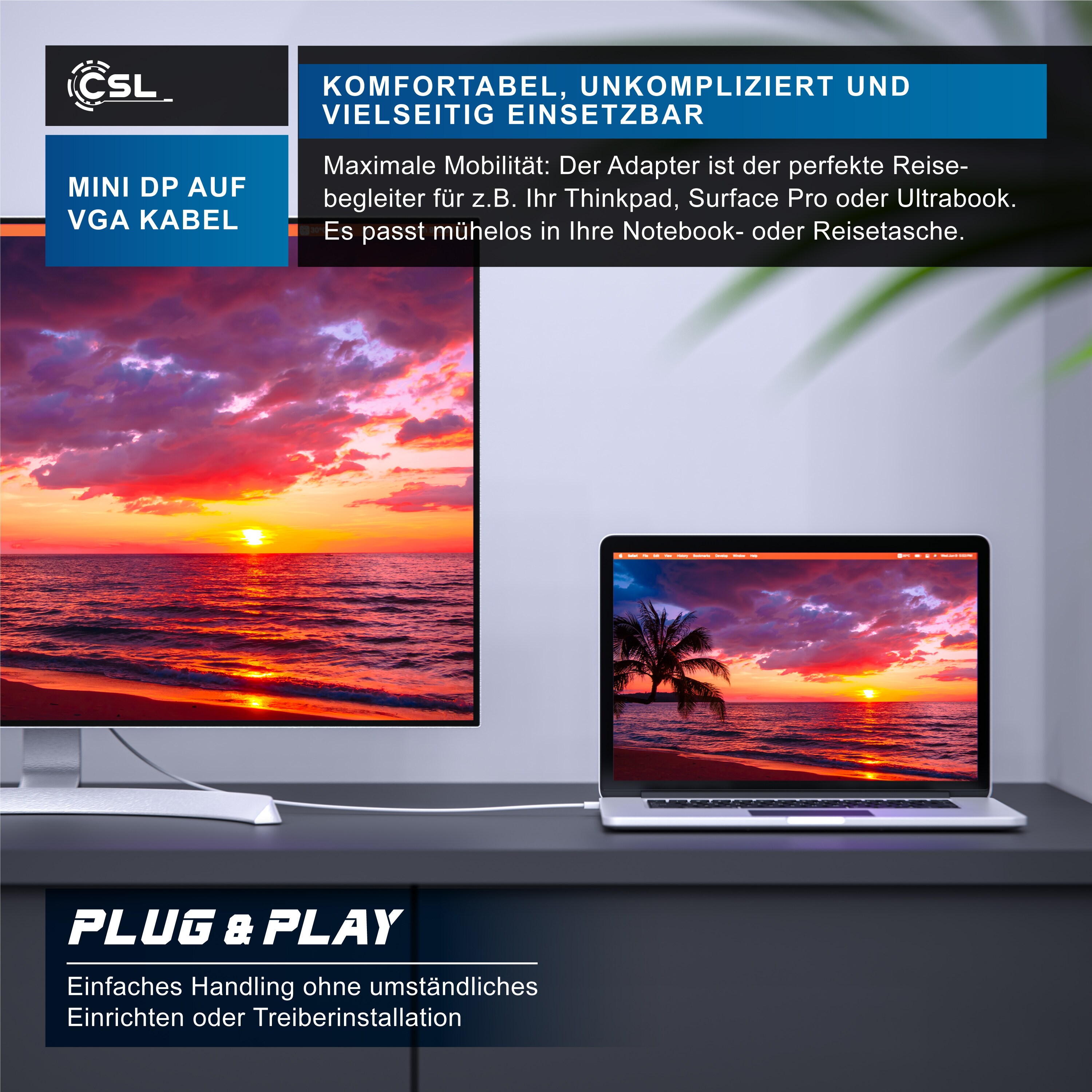 CSL Mini Displayport zu VGA Audio- & Video Kabel, miniDP Monitor Adapter / Thunderbolt 1 & 2 kompatibel - 3m