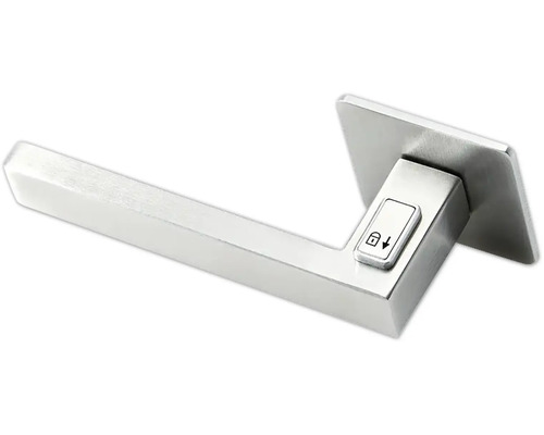 Hermat West Fastlock deurkrukpaar op vlak vierkant rozet, DIN rechts, roestvrij staal, mat