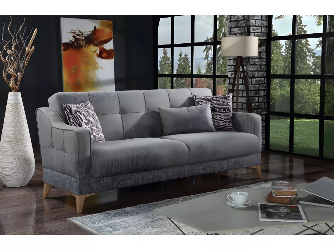 Canapé Juan, Canapé de rangement 3 places linéaire avec 3 coussins inclus, Canapé de salon en tissu rembourré avec ouverture clic-clac, 207x82xh92 cm, Gris