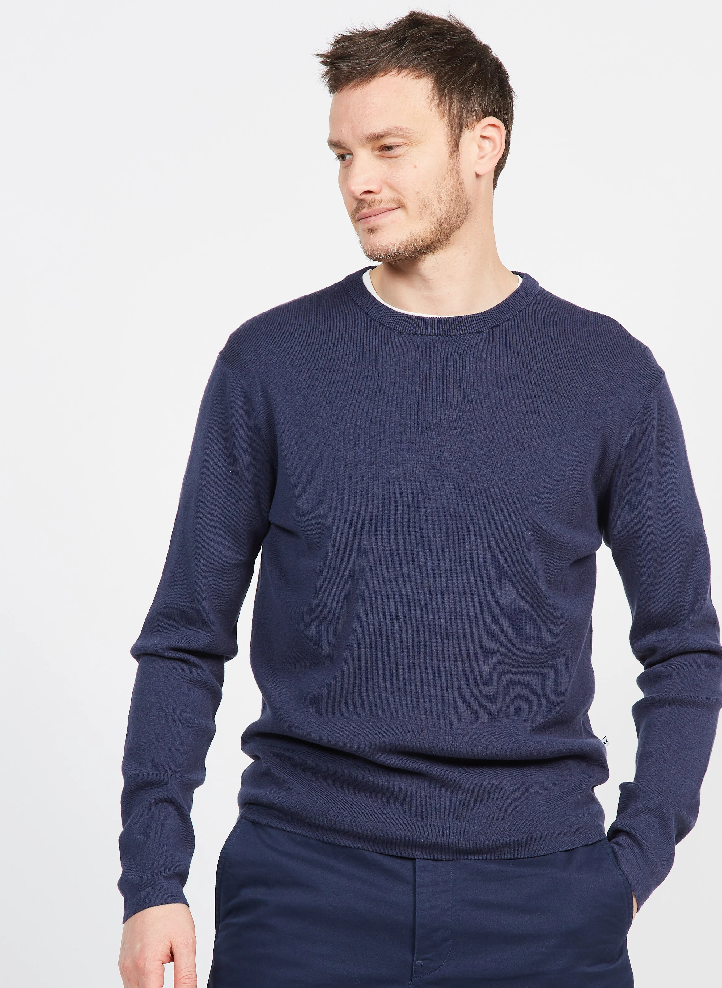 YASON - Pull col rond regular-fit en coton bio mélangé| Bleu