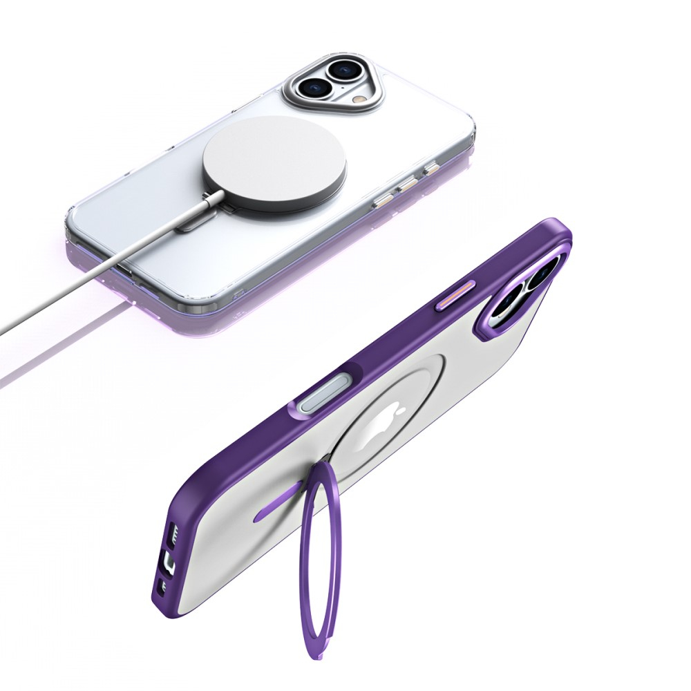 iPhone 16 MagSafe Hybrid Hardcase Hülle mit Acryl Rückseite und TPU Bumper   Kickstand Aufsteller - Violett / Transparent