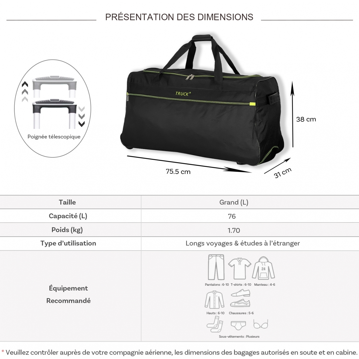 Truck Sac de voyage avec roulettes 76L Truck polyester taille L 75.50cm