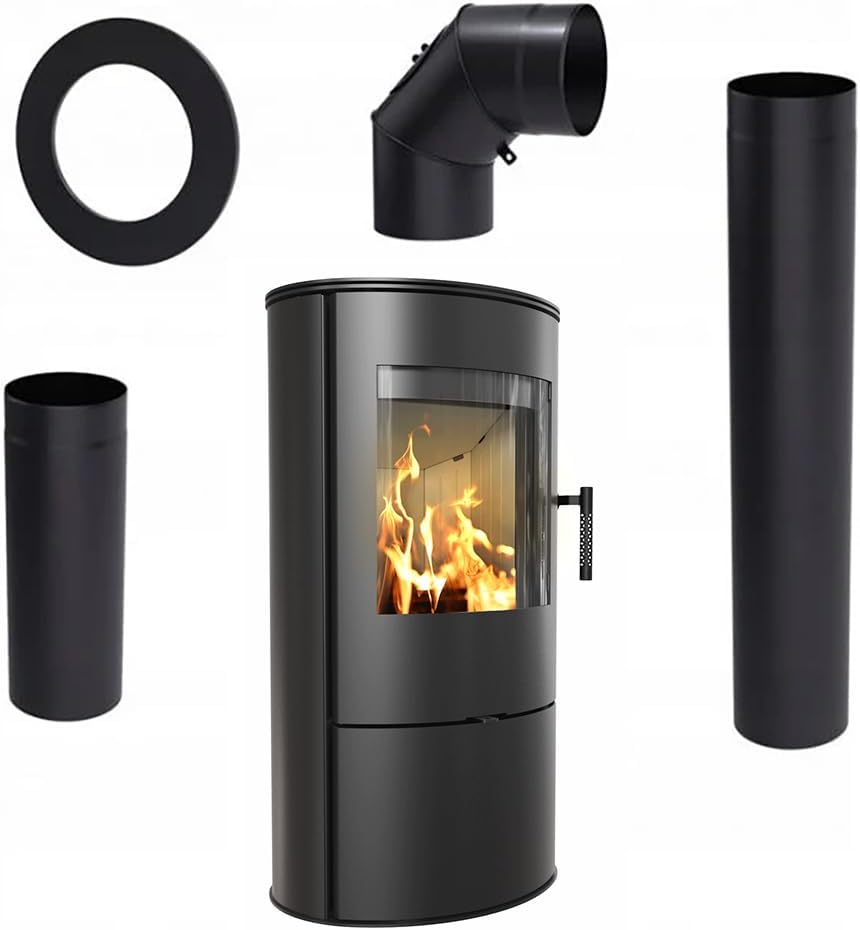 KRATKI Kaminofen aus Stahl Rollo bereit Satz Ø 150 7 kW mit Raumluftunabhängig, Blass Verkleidung, freistehend, BImSchV 2, Staubauslass, 150 mm, EEK A Kaminofen HKI