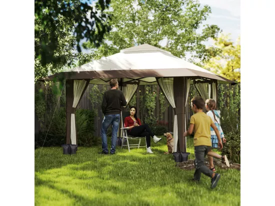 Tonnelle pop-up en tissu UPF50 + Oxford 4x4m 16 m² avec sacs de sable, 4 rideaux, sac de transport - hauteur réglable - Beige