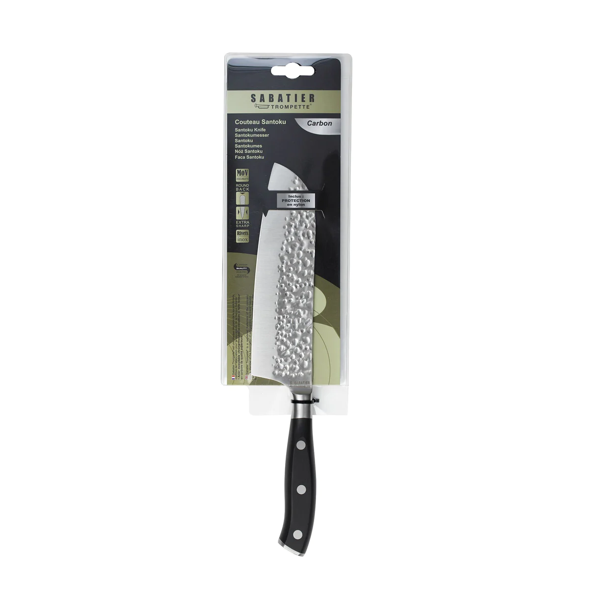 Carbon - Couteau santoku 18 cm martelé avec protection de lame Sabatie