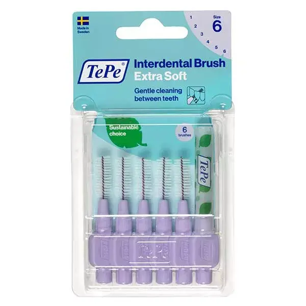 Escova interdental TePe Extra Macia e Ecológica, Roxo Pastel, ISO 6 / 1,1 mm, 6 unidades.