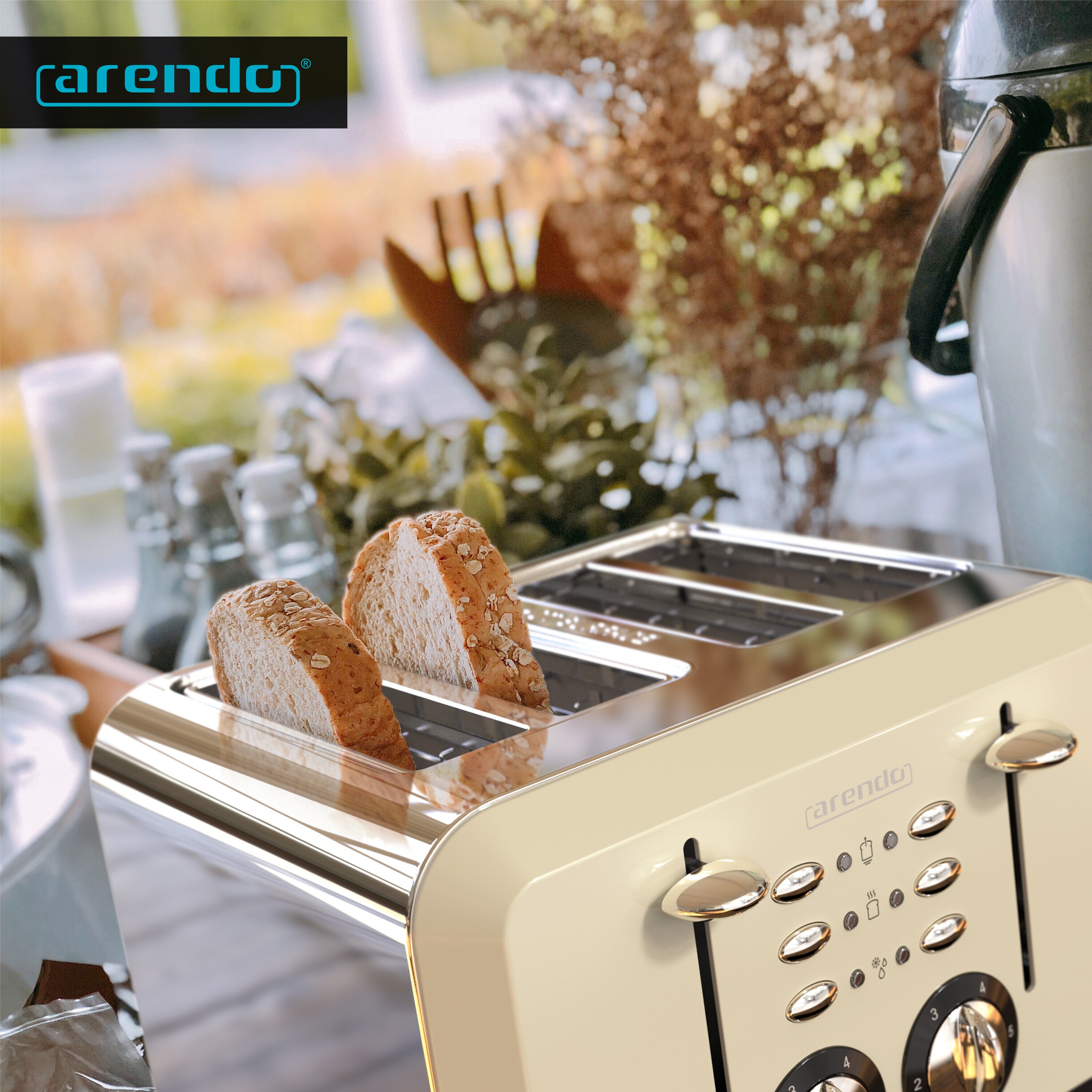 Arendo Toaster für 4 Scheiben, 1630 W, Automatik, Edelstahl, Wärmeisolierendes Doppelwandgehäuse, beige