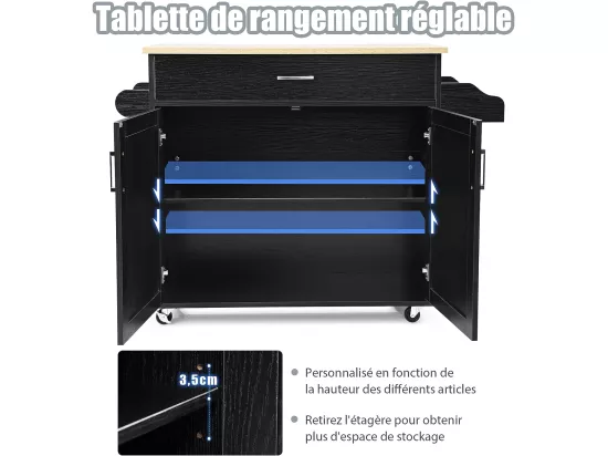 Dessert de Cuisine à roulettes Verrouillables, Ilot Central Cuisine Étagère Réglable sur 3 Niveaux, Grand Placard, Tiroir, Porte-épices et Porte-Serviettes, 40 x 116 x 85 cm (Noir)