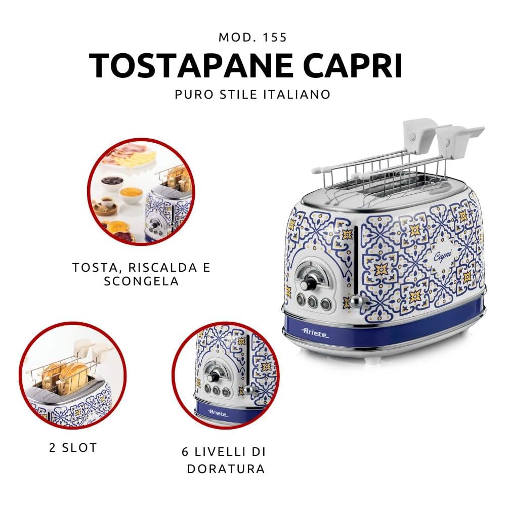 Ariete 155 Grille-pain Capri, 810 W, 2 tranches, 6 niveaux de grillage, plateau ramasse-miettes, fonction défrost, éjection automatique : Cuisine et Maison
