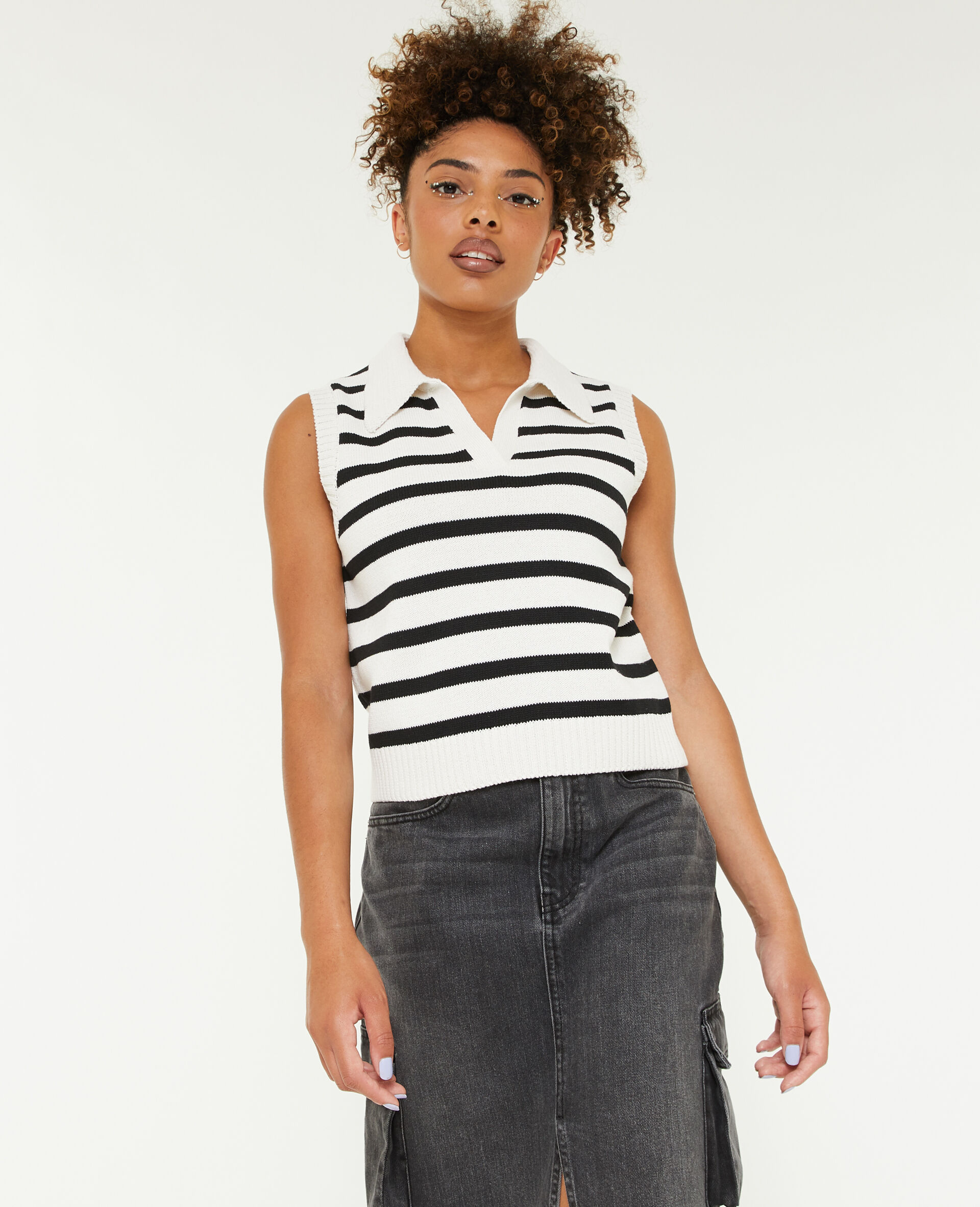 Pull sans manche motif rayures avec col - Blanc